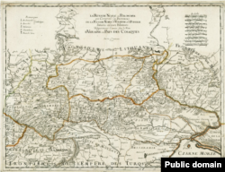 А це інша карта. Створена Нікола Сансоном в 1774 році в Парижі і видана вже після його смерті. Це перша карта, де позначення для України «Країна козаків» винесена в картуш (назву) мапи