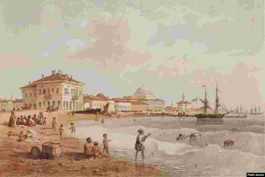 Krymyñ günbatarynda Ýewpatoriýadaky kenar. Bu şweýsar-italýan suratkeşi Karlo Bossoliniň (1815–1884) Krym baradaky 52 kartinasyndan biridir. 
