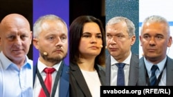 Аб'яднаны пераходны кабінэт, зьлева направа: Валер Сахашчык, Аляксандар Азараў, Сьвятлана Ціханоўская, Павал Латушка, Валер Кавалеўскі