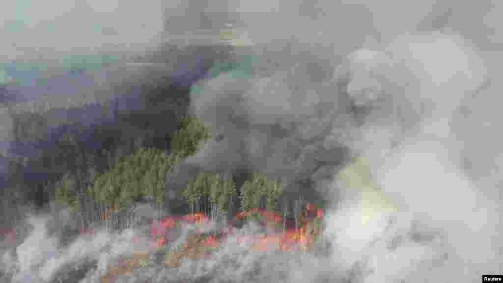 Пожежа у зоні відчуження ЧАЕС з висоти пташиного польоту. 12 квітня 2020 року. Голова Державної служби з надзвичайних ситуацій Микола Чечоткін повідомив, що ДСНС не допустила перекидання вогню на військові склади, об’єкти «Укриття», «Вектор», розподільчу електростанцію ЧАЕС та сховище радіоактивних відходів.