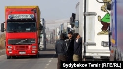Кыргызстан менен Казакстандын чек арасында топтолгон жүк ташуучу автоунаалар. 2017-жылдын ноябрь айы. 