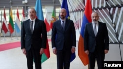 Եվրամիության խորհրդի նախագահ Շառլ Միշելի, Հայաստանի վարչապետ Նիկոլ Փաշինյանի և Ադրբեջանի նախագահ Իլհամ Ալիևի հանդիպումը Բրյուսելում, 14-ը մայիսի, 2024թ.