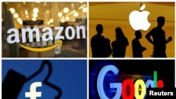 «Facebook», «Amazon», «Google» жана «Apple» корпорацияларынын эн белгилери.