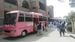 یو ګلابي بس پر تمځي ولاړ دی